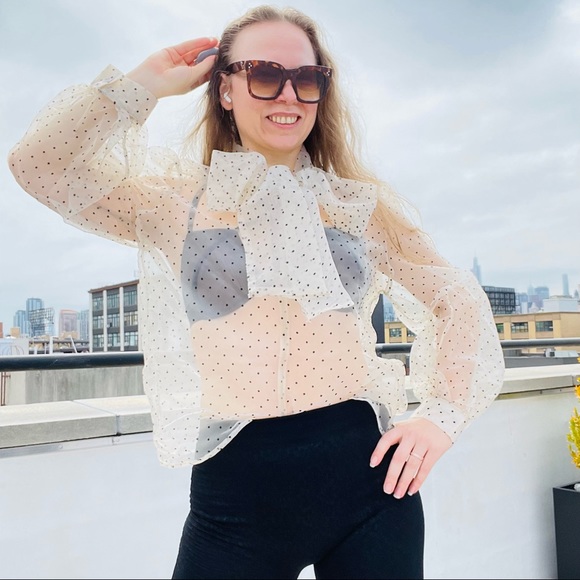 COPY - Transparent Polka Dot Puff Sleeve Shirt Bishop Statement Sleeves Neck Bow - Picture 13 of 16